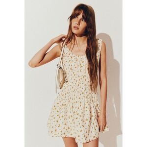 H&M Divided Cream Orange Print Smocked Tiered Mini Dress XS Sleeveless